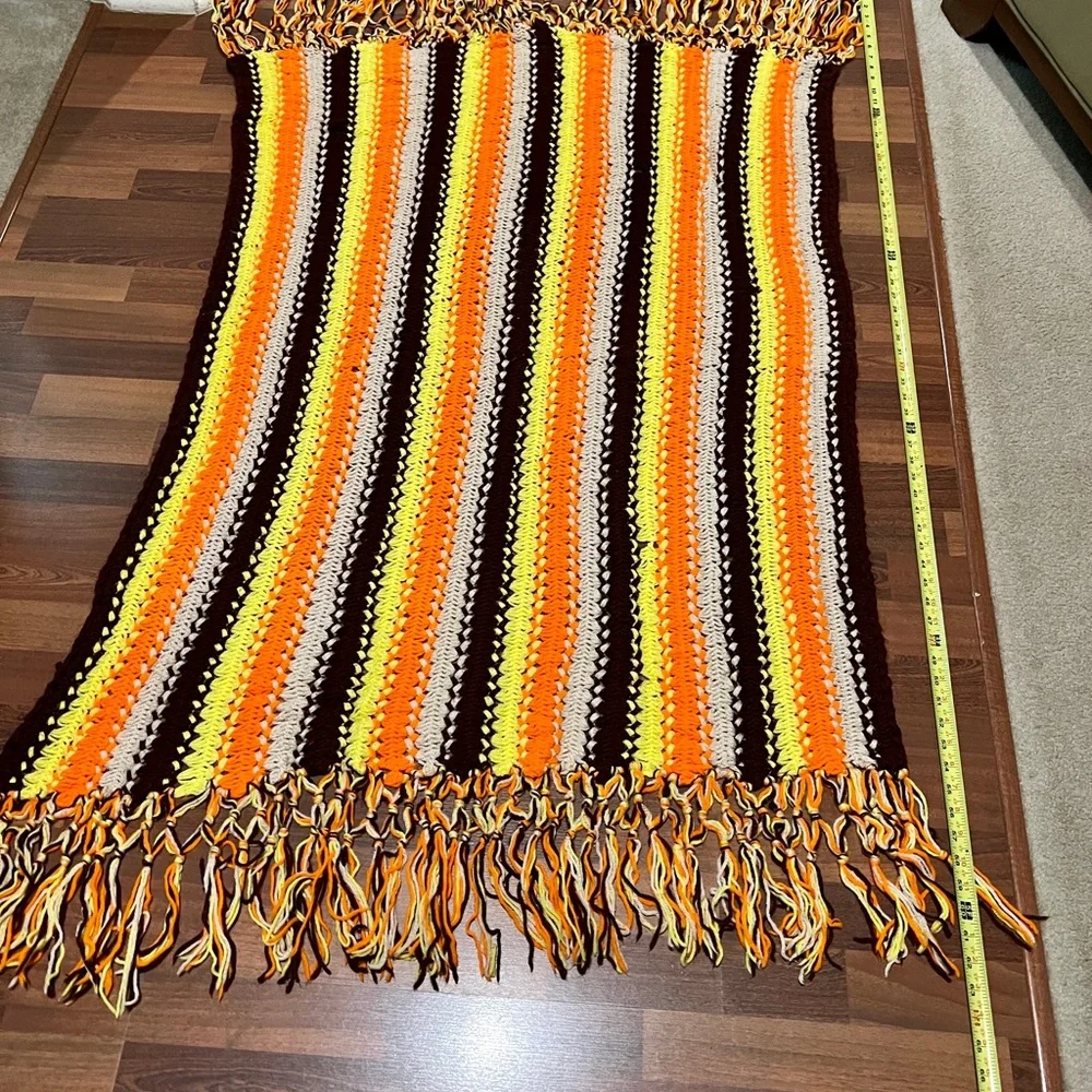 Vintage BOHO Crochet Knitted Afghan Blanket Brown Orange Yellow Retro￼ F…